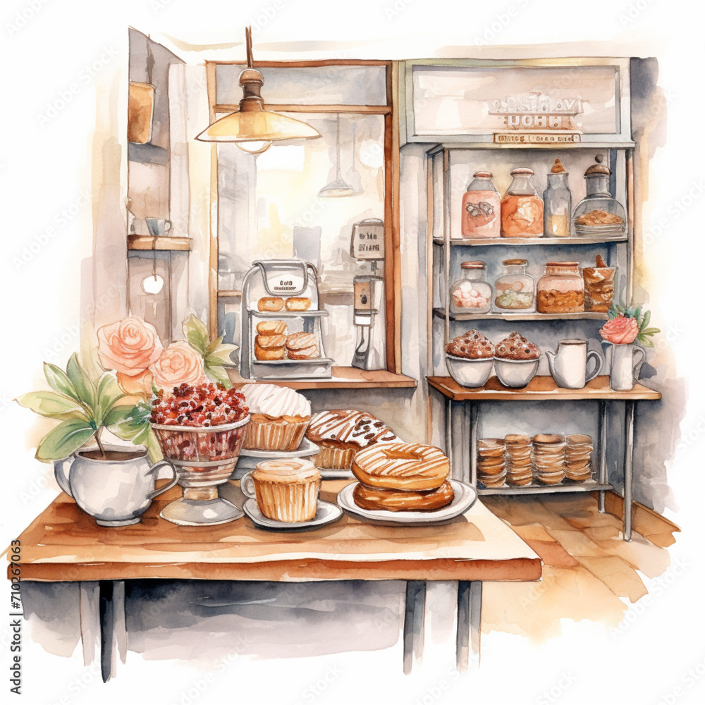 Watercolor Illustration of a Vintage Bakery Counter with Desserts and Coffee