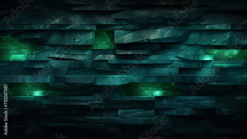 Layered Slate Wall with strips of emerald green light photo