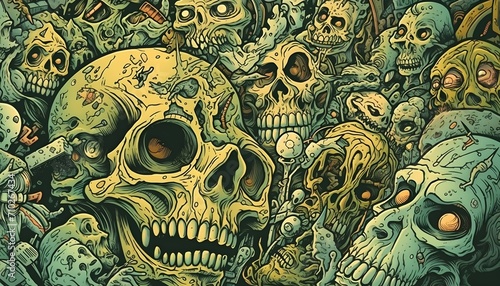 zombies, demons, bat, skeletons, brains, highly detailed trippy cartoon network