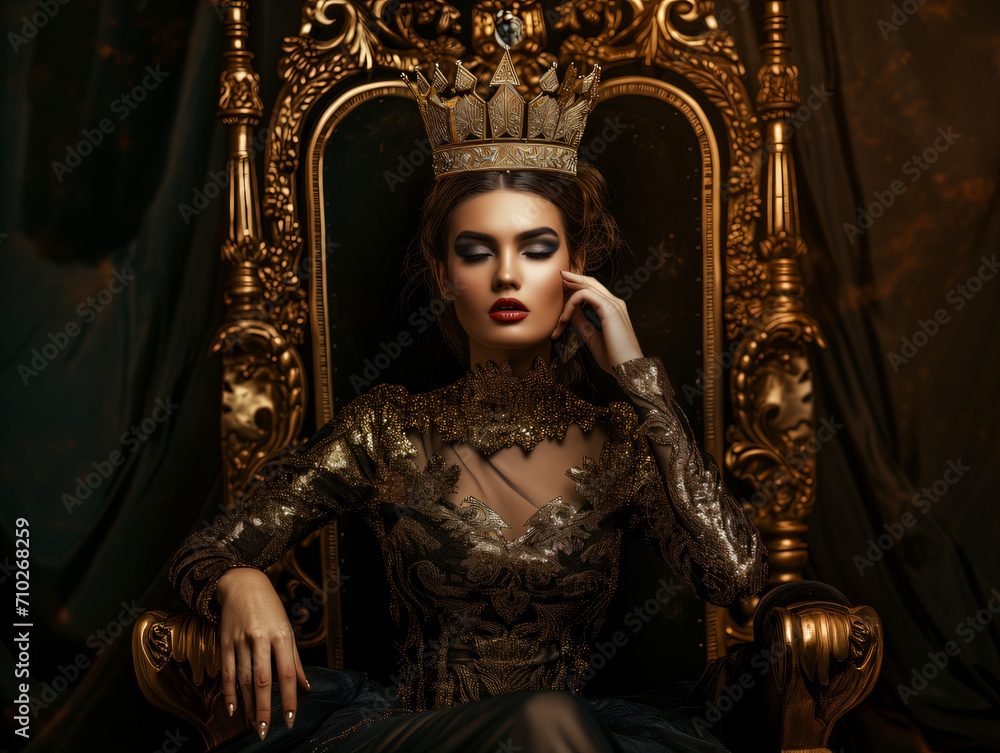 Obraz premium surreal fashion. A portrait beauty queen with a crown on the throne in golden black color.