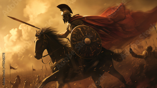 A spartan riding a horse and carrying a shield and sword in a war