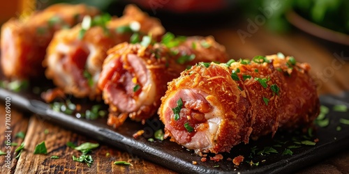 FlamenquÃ­n Extravaganza - Crispy Fried Ham-Wrapped Goodness, a Culinary Fiesta from Spain - Each Bite Reveals Layers of Flavor - Celebrating the Art of Indulgence - Warm, Festive Lighting