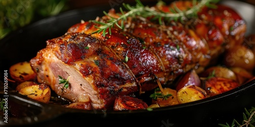 Slow-Roasted Pork Leg Bliss - Latin Masterpiece Slow-Roasted to Perfection - Juicy Tenderness Meets Aromatic Spices - Inviting You to Savor Every Moment - Soft, Warm Lighting Enhancing