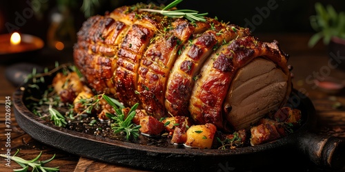 Roman Roast Pork Excellence - Herb-Infused, Crackling Skin Perfection - Timeless Dish Transporting You to Ancient Streets - History Mingles with Aroma - Soft, Warm Lighting Enhancing