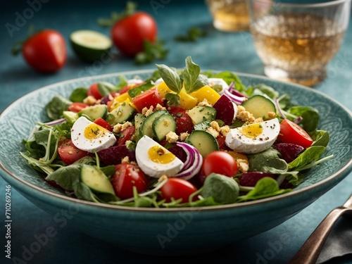 Healthy geek Mediterranean salad for health lovers in studio background, cinematic food photography, 