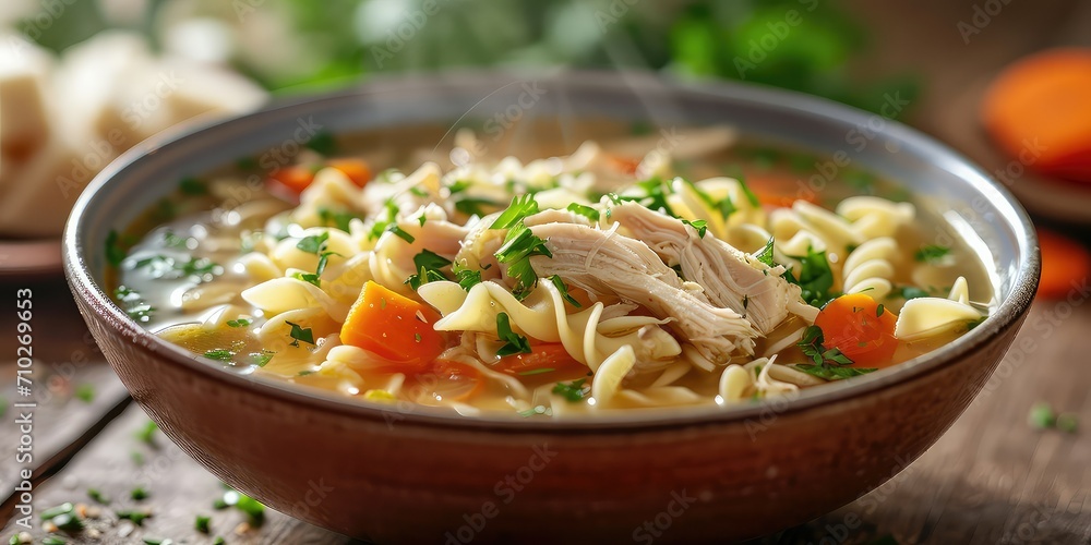 Latin Chicken Noodle Soup Warmth - Homestyle Embrace--Tender Chicken, Al Dente Noodles, Pinch of Nostalgia - Taste of Sunday Afternoons - Soft, Ambient Lighting Enhancing the Comfort