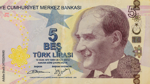 Turkish national currency 5 Lira banknote front view photo