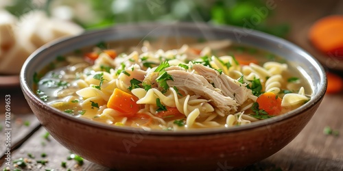 Latin Chicken Noodle Soup Warmth - Homestyle Embrace--Tender Chicken, Al Dente Noodles, Pinch of Nostalgia - Taste of Sunday Afternoons - Soft, Ambient Lighting Enhancing the Comfort