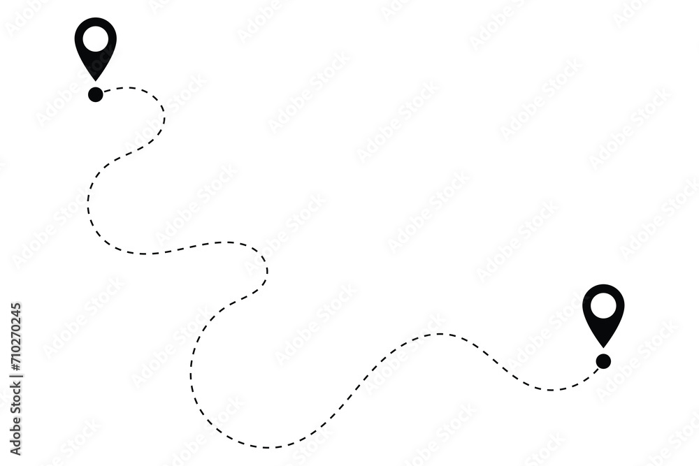 Route icon. Two points with dotted path and location pin. Route location icon two pin sign and dotted line road. Start and end journey symbol. Vector