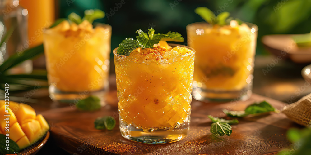 Aam Panna Bliss - Symphony of Raw Mango Drink Infused with Spices - Flavors Dance on Your Palate - Aam Panna Bliss in Every Sip - Vibrant, Tropical Lighting for an Exotic Atmosphere