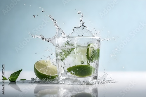 Water splash on white background with lime slices, mint leaves, and ice cubes as a concept for summertime libations photo