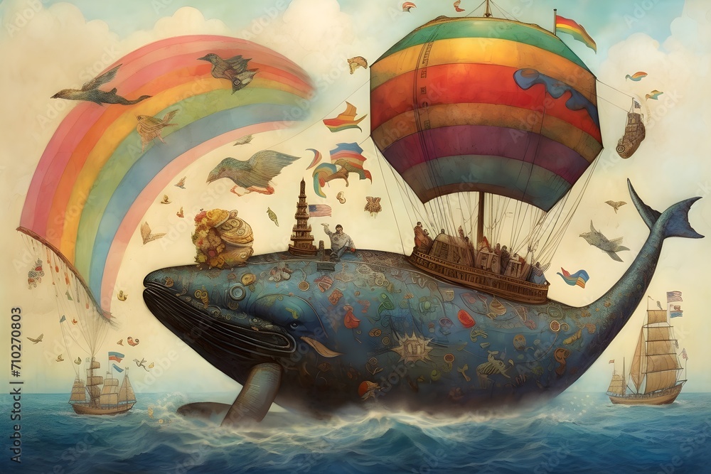 whimsical scene featuring a majestic whale and colorful hot air balloons against a blue sky