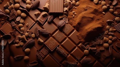 The texture of cocoa powder and chocolate cubes. Sweet background.
