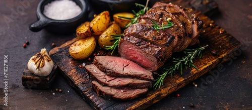 Classic British Sunday roast with sliced roast beef complemented by garlic and salt, showcased on a rustic charred wooden board.