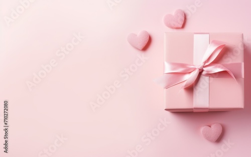 Pink gift box with pink satin ribbon bow on the bright pink background surrounded with small pink hearts. Good for Valentine's day or Birthday. Flat lay © Alexey