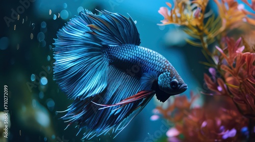 A stunning blue Betta fish displays a vibrant and colorful tail against a natural background