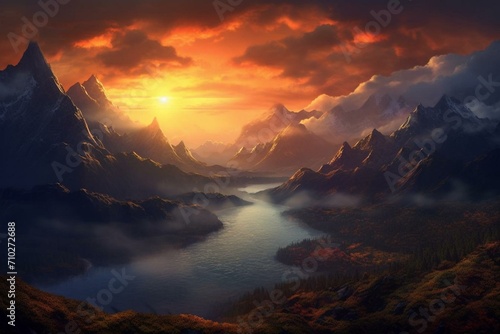 beautiful sunrise above stunning mountains. Generative AI © Ethan