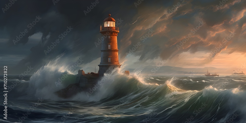 Thunder, lightning, and high waves surround a lighthouse in this stormy scene. Oceanic digital painting and panorama of epic proportions