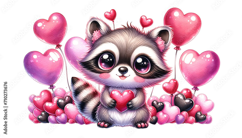 watercolor raccoon surrounded by pink and red balloons isolated on transparent background, valentine clipart animals - obrazy, fototapety, plakaty 