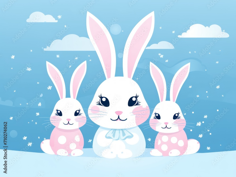 Three Cute Cartoon Rabbits in a Snowy Winter Wonderland Three Cute Cartoon Rabbits in a Snowy Winter Wonderland