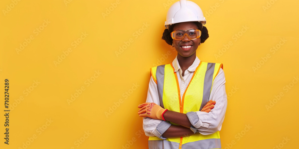 African American smiling female building engineer construction worker ...