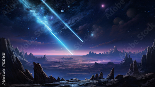 A dreamlike space vista with a comet that has a glow photo