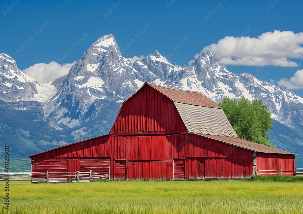 red barn mountain backdrop background coherent symmetry stands easel neoclassical architecture blue grass interconnections old west listing commercially ready