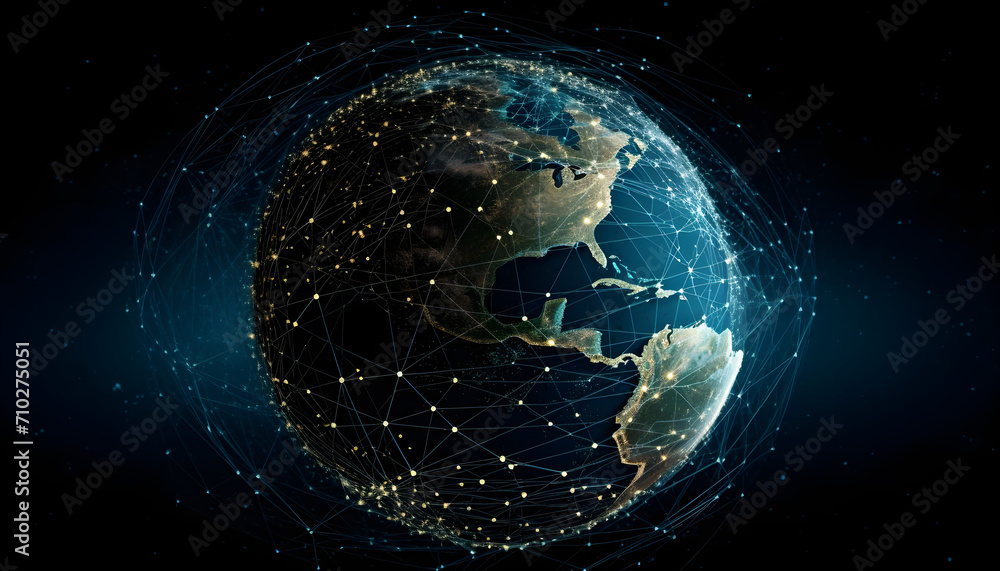 Earth with a network of interconnected lines and dots representing global communication and technology
