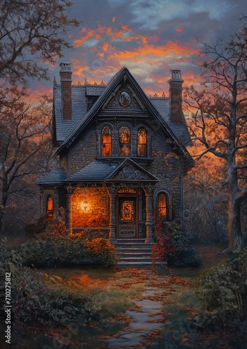 house lighted porch pathway leading rounded cute sunset autumn pastel drawing still horror entertainment computer furry haunted sad expression dusk lighting