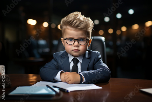 Serious child in glasses sitting looking in screen. Little boss working in office. Learning from young age, intellectual growth. Blonde bossy kid dressed as a businessman sitting in office chair