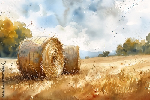 hay bale field scattered golden flakes malt aquarelle simplified summer day