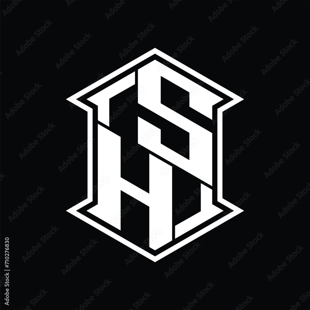 SH Logo monogram hexagon shield shape up and down with sharp corner isolated style design SH Logo monogram hexagon shield shape up and down with sharp corner isolated style design