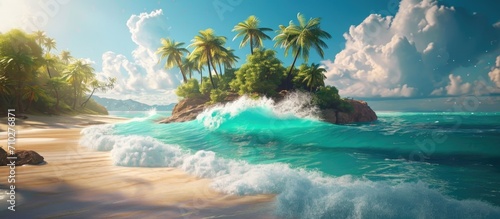 Stunning tropical island with palm trees, sandy coast, and crashing ocean waves.