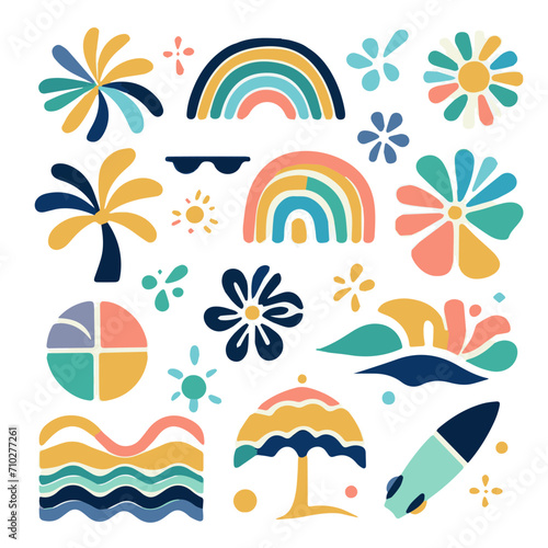 summer icon set with rainbow, vector illustrations