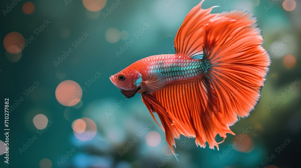 A stunning red Betta fish displays a vibrant and colorful tail against a natural background A stunning red Betta fish displays a vibrant and colorful tail against a natural background