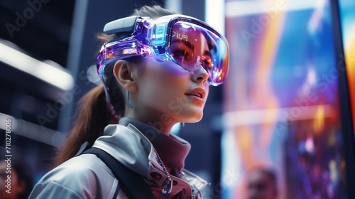 AR Product Exhibition: Users wear AR glasses for interactive holographic displays, creating an immersive futuristic experience.