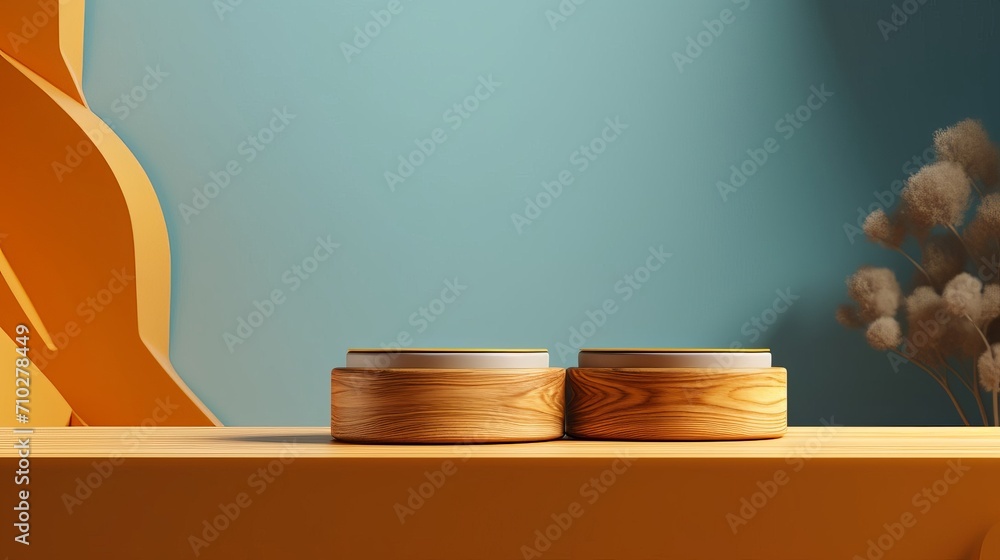 The Goldenrod background with a wooden podium. On top of the wooden podium, two small podiums add a minimal touch to the product display - obrazy, fototapety, plakaty 