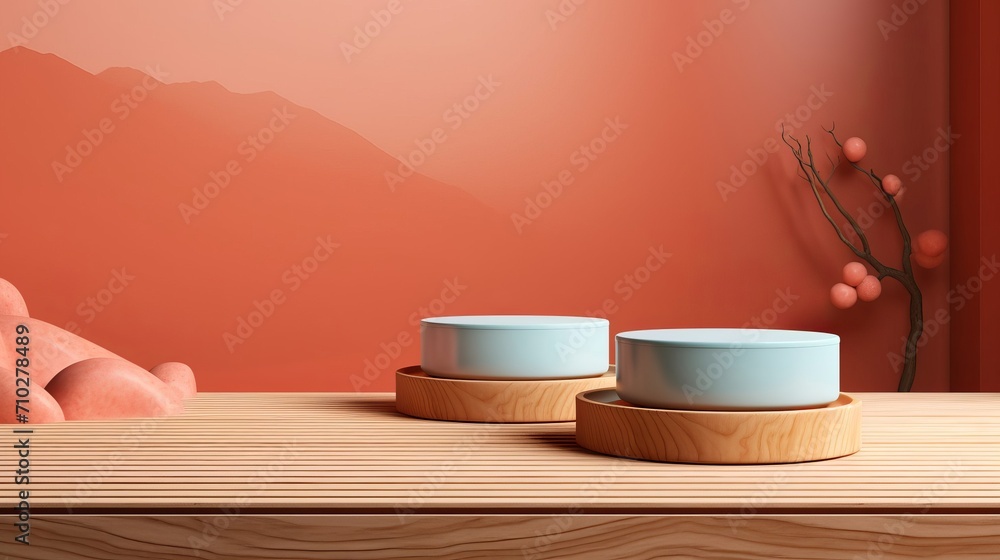 The Peachy Coral background with a wooden podium. On top of the wooden podium, two small podiums add a minimal touch to the product display The Peachy Coral background with a wooden podium. On top of the wooden podium, two small podiums add a minimal touch to the product display