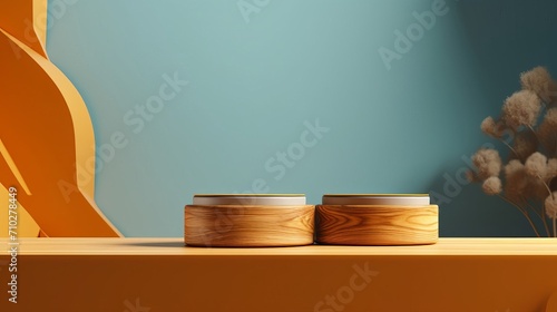 The Goldenrod background with a wooden podium. On top of the wooden podium, two small podiums add a minimal touch to the product display photo