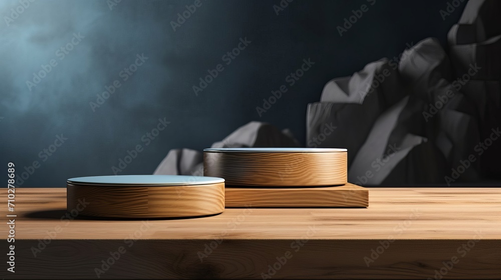 The Charcoal Gray background with a wooden podium. On top of the wooden podium, two small podiums add a minimal touch to the product display - obrazy, fototapety, plakaty 