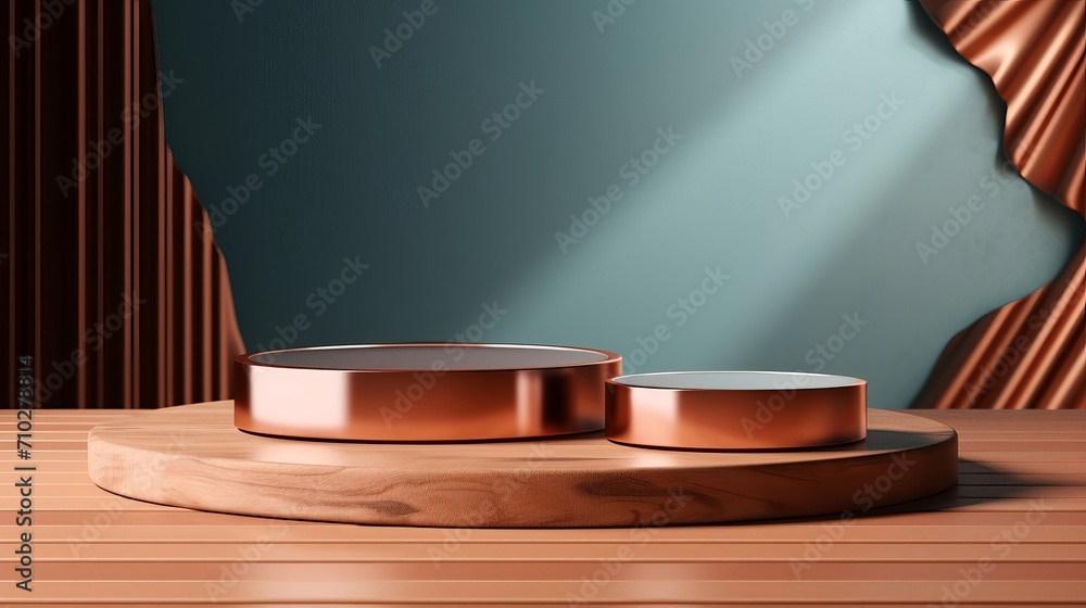The Rose Gold background with a wooden podium. On top of the wooden podium, two small podiums add a minimal touch to the product display The Rose Gold background with a wooden podium. On top of the wooden podium, two small podiums add a minimal touch to the product display