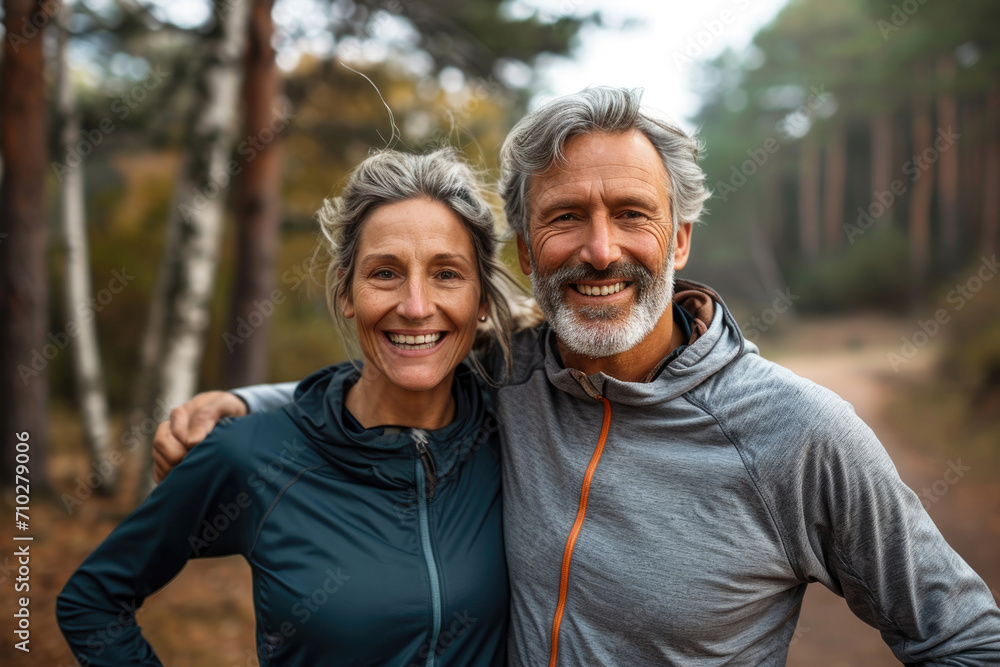 A smiling middle-aged duo embraces their running routine