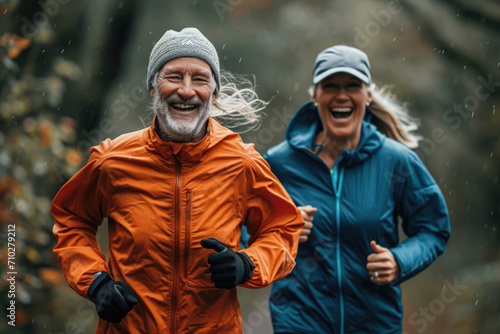 A smiling middle-aged duo embraces their running routine