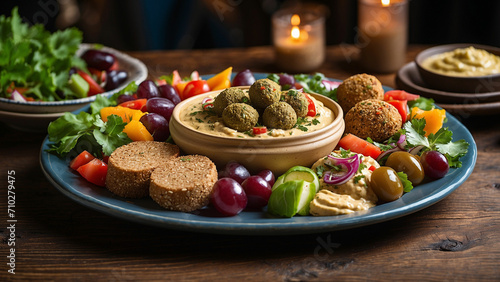 a minimalistic yet elegant vegetarian plate against the backdrop of a dark wooden table in a contemporary restaurant