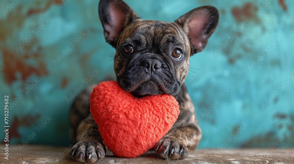 Cute lover Valentine French bulldog puppy dog lying with a red heart, isolated on blue background