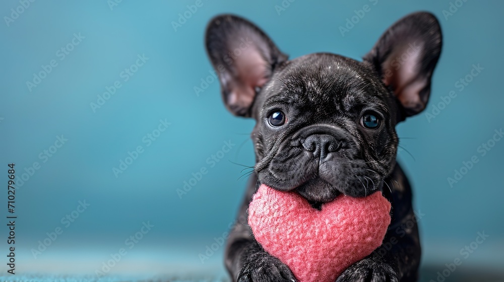 Cute lover Valentine French bulldog puppy dog lying with a red heart, isolated on blue background