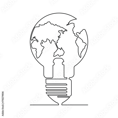 Continuous One line Earth globe inside lightbulb and earth hour outline vector art illustration