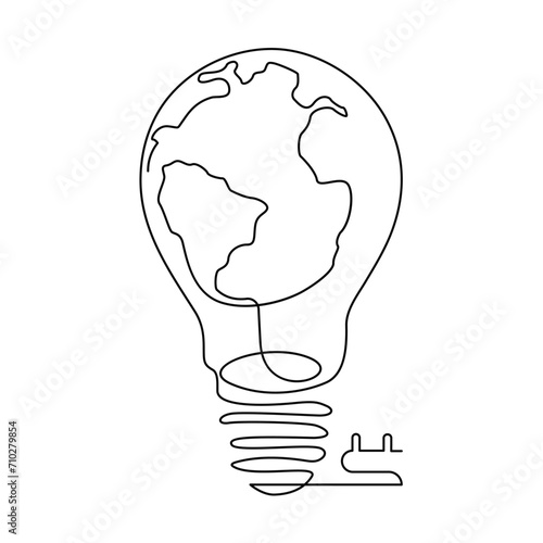 Continuous One line Earth globe inside lightbulb and earth hour outline vector art illustration