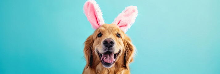 Banner with dog dressed in pink Easter bunny ears