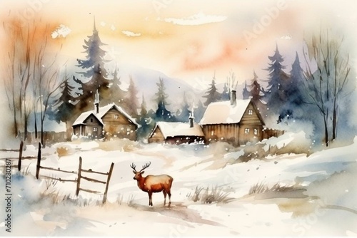 Watercolor winter landscape with moose, house, trees, snow, pine. Village cottage in nature. Generative AI © Niamh